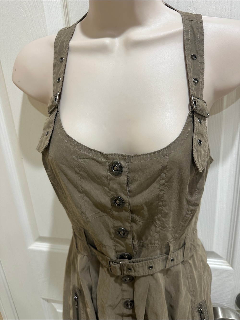 Olive Button-Front Utility Sundress - Picture 3 of 10